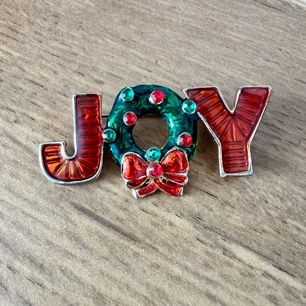 Vintage Festive JOY Brooch‎ with Wreath and Bow